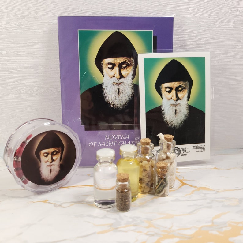 Set of oil, water, incense, soil, relic, rosary and novena booklet of Saint Charbel image 7