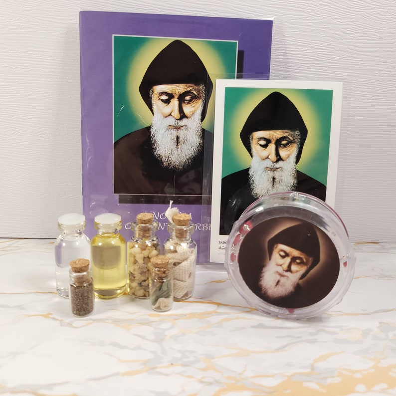 Set of oil, water, incense, soil, relic, rosary and novena booklet of Saint Charbel image 3