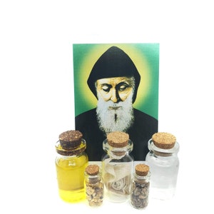 Set of oil, water, incense, soil and relic of Saint Charbel