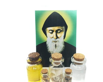 Conjunto de aceite, agua, incienso, tierra y reliquia de San Charbel