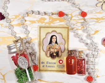 Saint Therese de Lisieux Set - relic oil, rose incense, rose medal, rosary and relic card