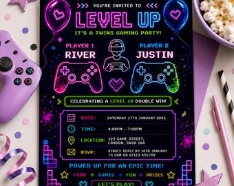 Twins Birthday Party Invitation, Neon Gaming Invite for Two, Player 1 Player 2 Level Up, Joint Birthday, Editable Canva Template
