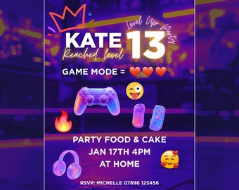 Neon Gaming 13th Birthday Invitation | Level 13 Gamer Party Template (Digital Download)