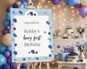 Berry First Birthday Welcome Sign | Blueberry 1st bday Party Decor (Editable Canva Template)