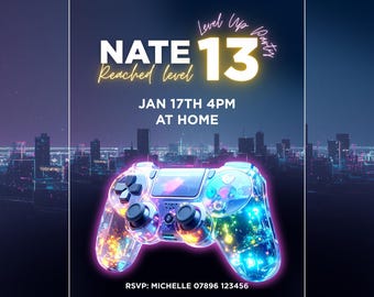 Neon Gaming 13th Birthday Invitation | Level 13 Gamer Party Template (Digital Download)