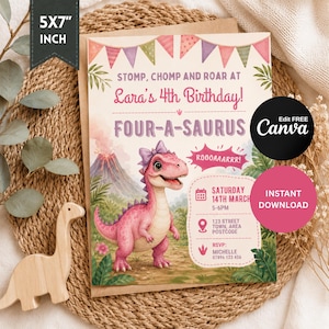 Inbjudan till flickans dinosauriefödelsedag | Rosa Fyra-en-saurus 4-årsdagsinbjudan | Redigerbar Canvas-mall | Digital nedladdning