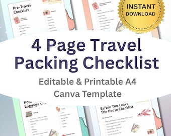 Editable Travel Packing Checklist | 4 Page Vacation Planner (Canva Template)