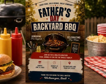 Father's Day Backyard BBQ Invitation Editable Canva Template | Fathers Day BBQ Invite Cookout | Digital Download