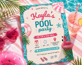 Tropical Flamingo Pool Party Invitation, Summer Birthday Luau, Editable Canva Template (Digital Download)