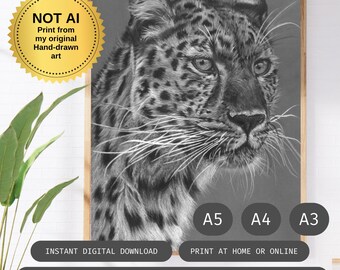 Monochrome Leopard Print | Hand-Drawn Pencil Art, Minimalist Big Cat Decor (Digital Download)
