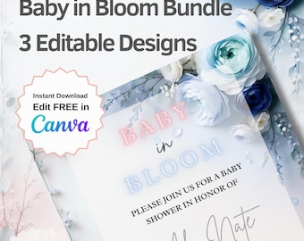 Floral Baby Shower Invitation Bundle | Pink, Blue, Twin, Gender Reveal Templates (Editable Canva)