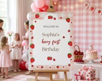 Strawberry Berry First Birthday Welcome Sign | Pink Gingham Party Decor (Canva Template)