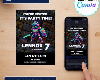 Gamer 7th Birthday Invitation | Neon Robot Avatar Party (Editable Canva Template)