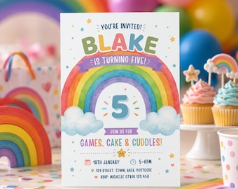 Rainbow Fifth Birthday Invitation, Editable Canva Template (Digital Download)