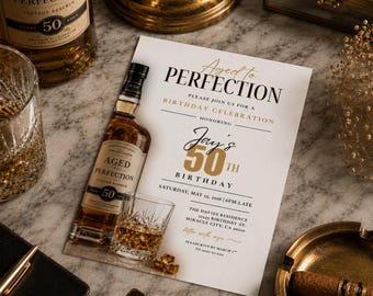 Aged to Perfection 50th Birthday Invitation, Whiskey Theme, Gold Black, Editable Canva Template (Printable)