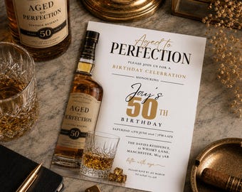 50th Birthday Invitation for Him, Whisky Aged to Perfection, Gold Black Milestone Party Invite, Editable Canva Template