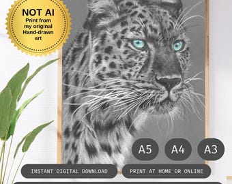 Hand-Drawn Leopard Print | Blue Eyes Pop Art Big Cat Decor (Digital Download)