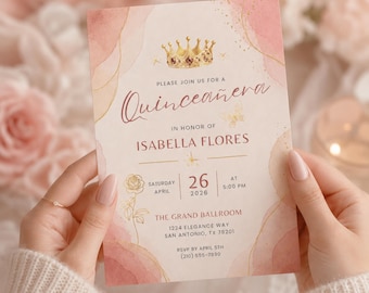 Quinceañera Invitation, Blush Pink Gold Princess Crown, Floral Butterfly, Editable Canva Template Download