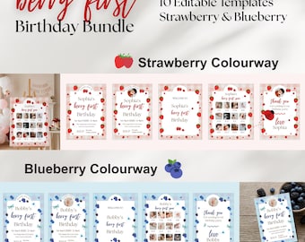 Berry First Birthday Bundle, Strawberry Blueberry Party Pack, Invite Welcome Sign Thank You Card, Editable Canva Template Printable