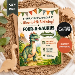 Inbjudan till dinosauriefödelsedag | Inbjudan till 4-årsdag med fyra saurier | Redigerbar Canvas-mall för dinosauriefest | Digital nedladdning
