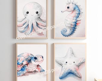 Under The Sea Nursery Prints Set of 4 | Baby Animal Wall Art | Watercolour Starfish Turtle Seahorse Octopus | Ocean Kids Room Digital Downlo