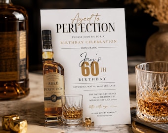 60th Birthday Invitation, Whiskey Theme, Aged to Perfection, Editable Canva Template (Digital Download)