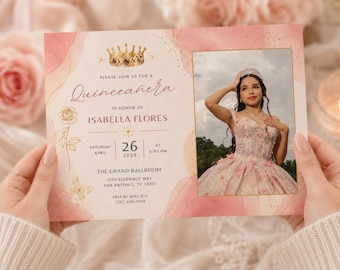 Photo Quinceañera photo Invitation, Blush Pink Gold Crown, Floral Butterfly, Editable Canva Template