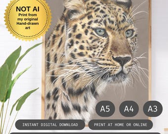 Hand-Drawn Leopard Portrait Print, Realistic Big Cat Wildlife Art, Coloured Pencil Art, Safari Nursery Decor, Fine Art Digital Download