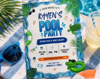 Crocodile Pool Party Invitation, Kids Tropical Swim Party Invite, Summer Birthday, Boys Girls, Editable Canva Template Printable