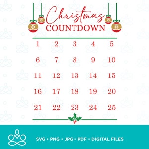 Christmas Calendar Countdown SVG, Png, Jpg, Pdf, Printable, Digital, Instant Download