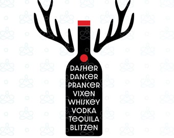 May include: Black silhouette of a wine bottle with reindeer antlers. The bottle has the names of the reindeer from the song "Rudolph the Red-Nosed Reindeer" written on it, with the names Dasher, Dancer, Prancer, Vixen, Whiskey, Vodka, Tequila, and Blitzen.