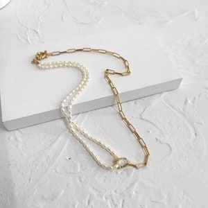 18K gold plated paper clip chain necklace with pearls