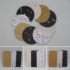 Perforierte Weihnachtsetiketten Los x12, bedruckte Papiere, Tag, Scrapbooking, Geschenketiketten, rechteckige oder runde Etiketten, schwarzes Weißgold