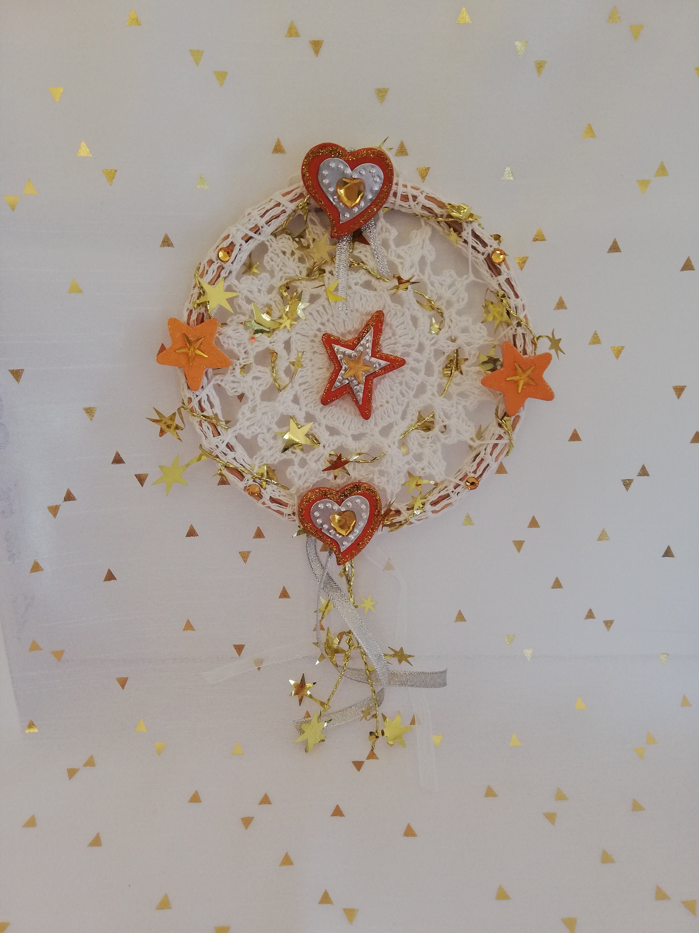 Petite Couronne de Noël, Noël Doré, Or, Blanc, Dentelle, Modèle Etoiles Dorées