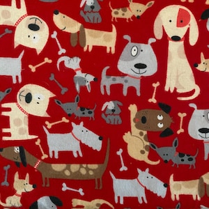 May include: Red fabric featuring a repeating pattern of cartoon dogs and bones. The dogs are in various colours and poses, with different markings. The design is playful and cheerful, suitable for children's items or pet accessories.