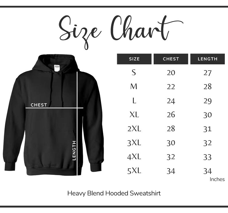 May include: Black hooded sweatshirt with a size chart. The chart lists sizes S to 5XL, chest measurements from 50.8 to 86.4 cm, and lengths from 68.6 to 86.4 cm. The text "Heavy Blend Hooded Sweatshirt" is at the bottom.