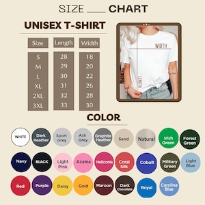 May include: A unisex t-shirt size chart with measurements in inches. Sizes range from S to 3XL, with length and width dimensions provided. A colour palette is shown, offering options like white, black, and navy, alongside other colours.