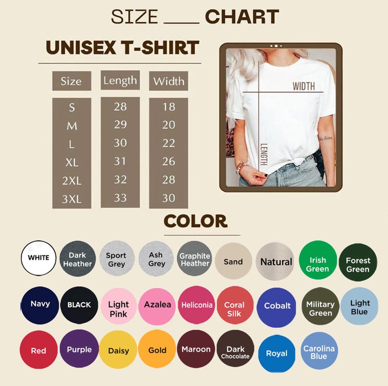 May include: A unisex t-shirt size chart with measurements in inches. Sizes range from S to 3XL, with length and width dimensions provided. A colour palette is shown, offering options like white, black, and navy, alongside other colours.