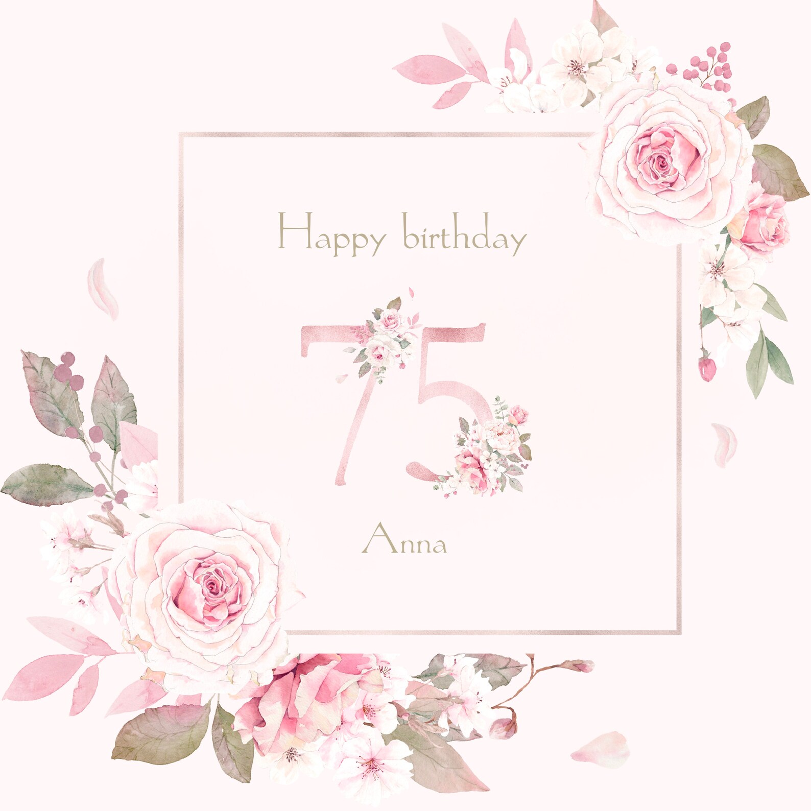 75th Birthday card for her. Personalised. Pretty pink flowers. Etsy