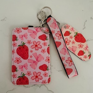 Conjunto de cartera de llaveros de fresas y lazos, llavero de cartera