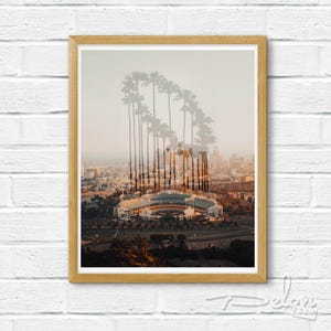 May include: A framed photograph of a baseball stadium with palm trees in the background. The stadium is surrounded by a city skyline and the palm trees are silhouetted against a hazy sky.
