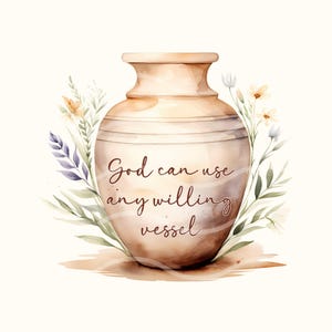 Könnte beinhalten: Eine Aquarell-Illustration einer braunen Tonvase mit dem Zitat "Gott kann jedes willige Gefäß gebrauchen" darauf. Die Vase ist von Aquarellblumen in den Farben Lila, Gelb und Weiß umgeben.