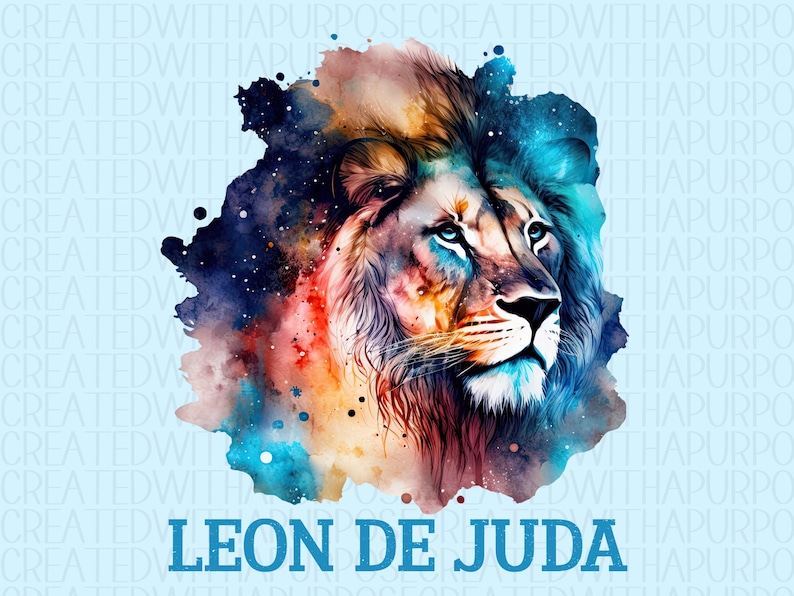 May include: A watercolor painting of a lion's head with a colorful galaxy background. The lion's mane is a mix of blue, orange, and yellow. The text "LEON DE JUDA" is written in blue at the bottom of the image.