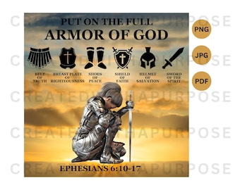 Puede incluir: Una ilustración digital de una mujer con armadura arrodillada con una espada. La imagen está sobre un fondo de puesta de sol. El texto "PUT ON THE FULL ARMOR OF GOD" está en la parte superior de la imagen. Debajo de la mujer hay seis iconos que representan la armadura de Dios: cinturón de la verdad, coraza de justicia, zapatos de paz, escudo de fe, casco de salvación y espada del espíritu. El texto "EPHESIANS 6:10-17" está en la parte inferior de la imagen.
