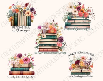 Book Bundle Png, Watercolor Clipart, Book Clipart, Bookworm Png, Book Lover, Book Sublimation Png, Flower Sublimation, Cricut, Reading Png