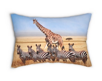 Giraffe And Zebras Lumbar Pillow, Free Shipping, Printed Front & Back, Includes Insert, Throw Pillows, Large Size 14x20