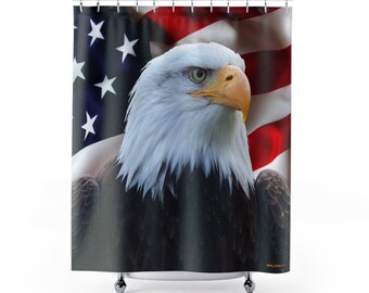 Waterproof Fabric Shower Curtain Set American Bald Eagle on Grunge Flag Bath Mat 