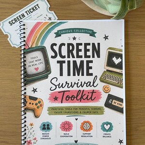 May include: A spiral-bound workbook titled Screen Time Survival Toolkit with a retro aesthetic. The cover features illustrations of a vintage television, a computer, a game controller, and a VHS tape, alongside text about practical tools for families.