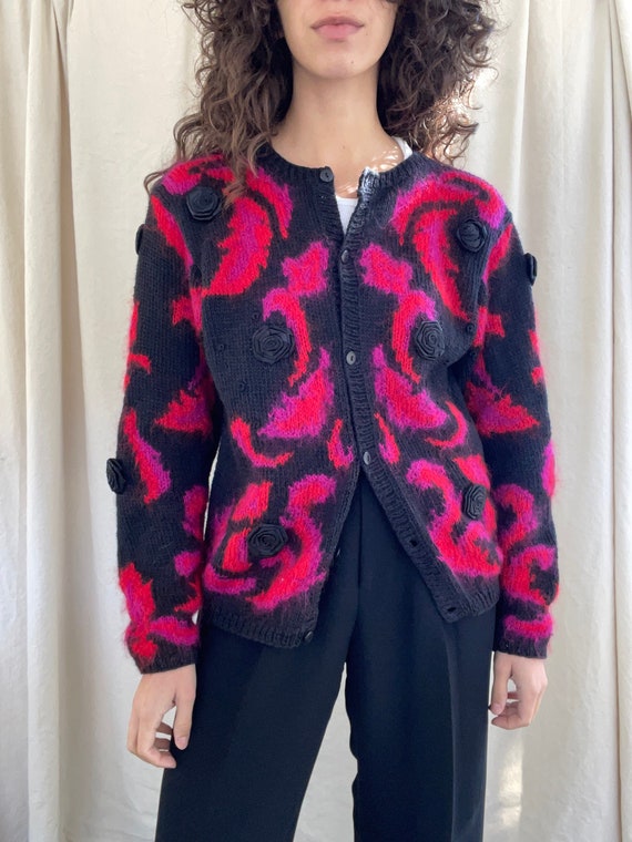 80s hand knit rosette cardigan - image 1