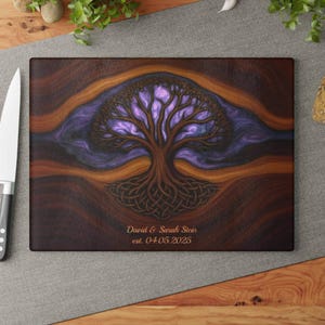 Customized Tree of Life Glass Charcuterie Board, Personalized Cutting Board, Wedding Gift, Purple Resin Epoxy Wood Look Print on Glass